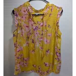 Nanette Lepore Womens Yellow Floral Sleeveless Top V-Neck Smocked Details Size L